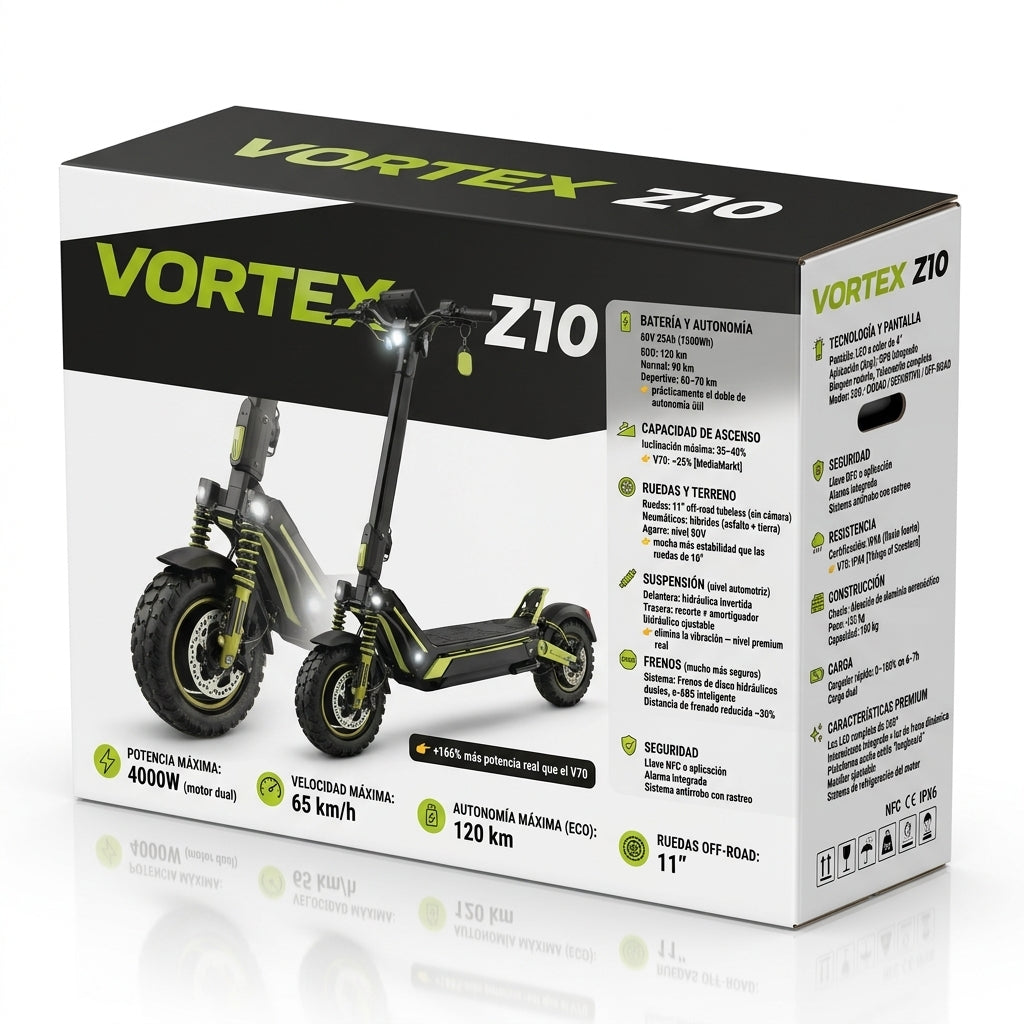 VORTEX Z10 2x2 Connected Patinete eléctrico con APP. Con una potencia combinada de 4000W, doble suspensión, autonomía de hasta 65 km, Cumple con la normativa española de circulación