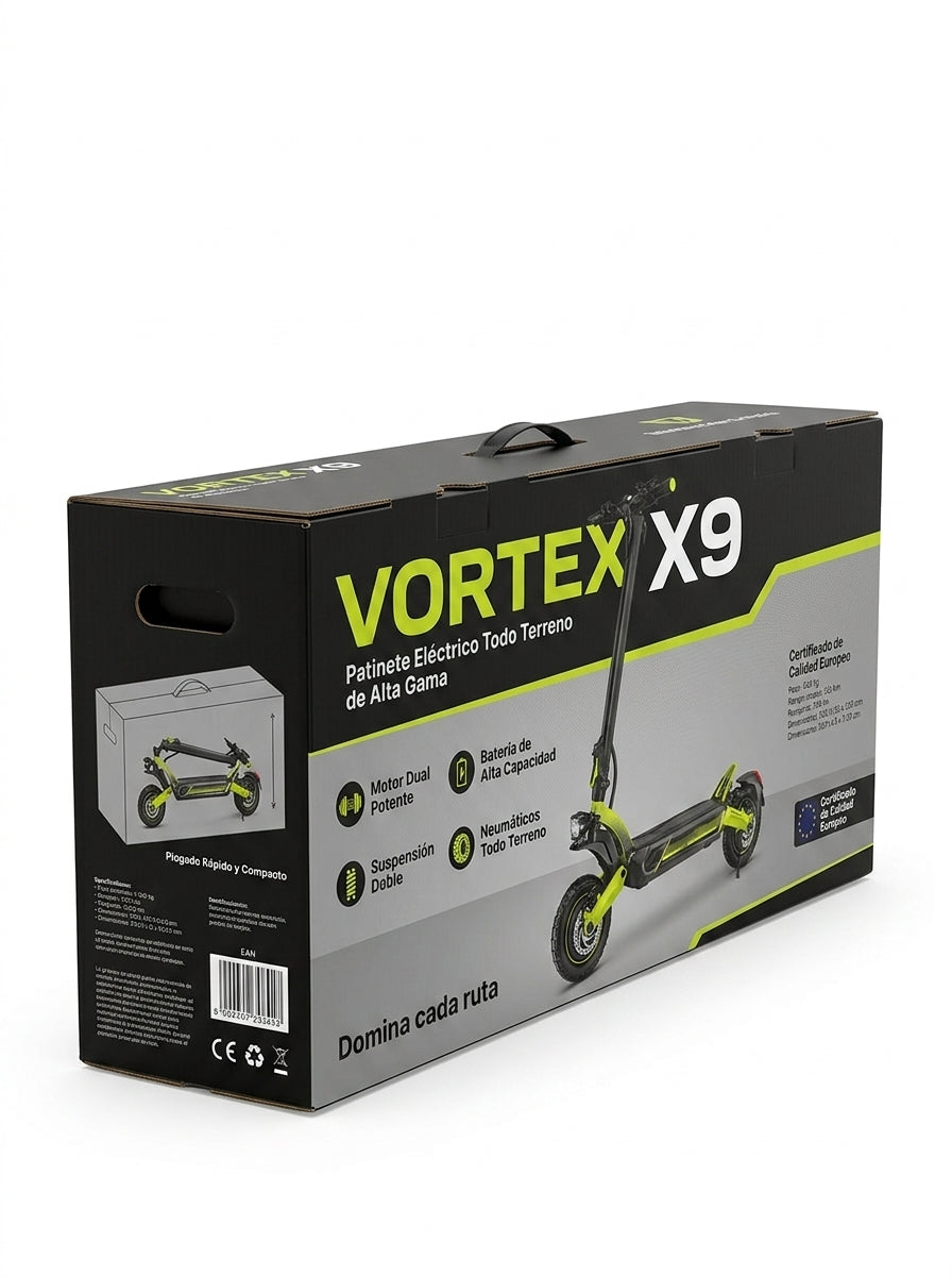 VORTEX X9 2x2 Connected Patinete eléctrico con APP. Con una potencia combinada de 1600 W, doble suspensión, autonomía de hasta 55 km, Cumple con la normativa española de circulación