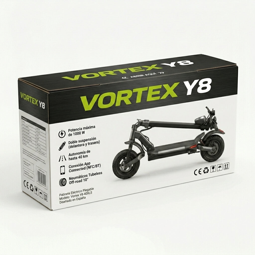 VORTEX Y8 2x2 Connected Patinete eléctrico con APP. Con una potencia combinada de 1000W, doble suspensión, autonomía de hasta 25 km, Cumple con la normativa española de circulación