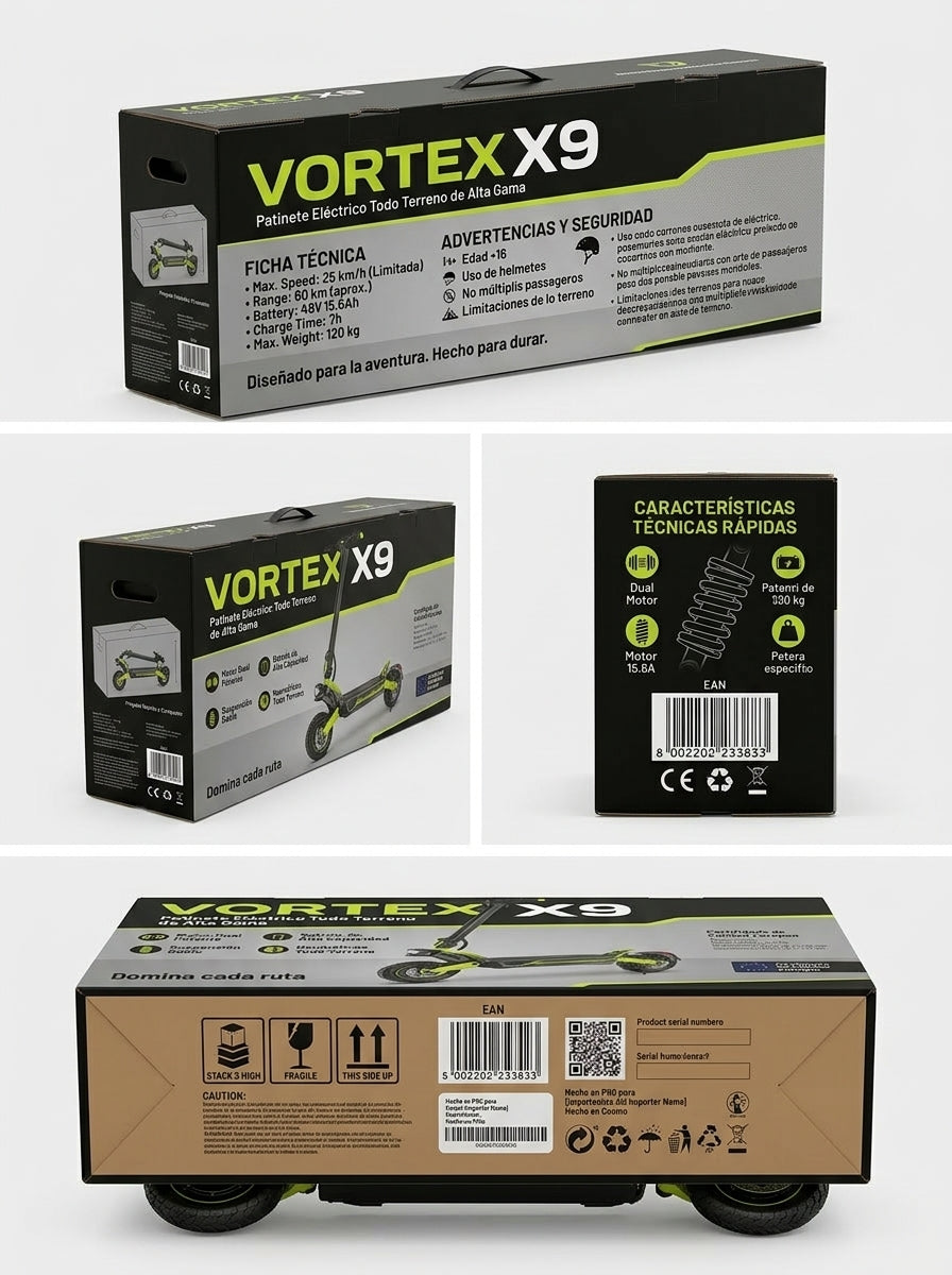 VORTEX X9 2x2 Connected Patinete eléctrico con APP. Con una potencia combinada de 1600 W, doble suspensión, autonomía de hasta 55 km, Cumple con la normativa española de circulación