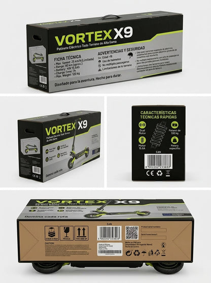 VORTEX X9 2x2 Connected Patinete eléctrico con APP. Con una potencia combinada de 1600 W, doble suspensión, autonomía de hasta 55 km, Cumple con la normativa española de circulación