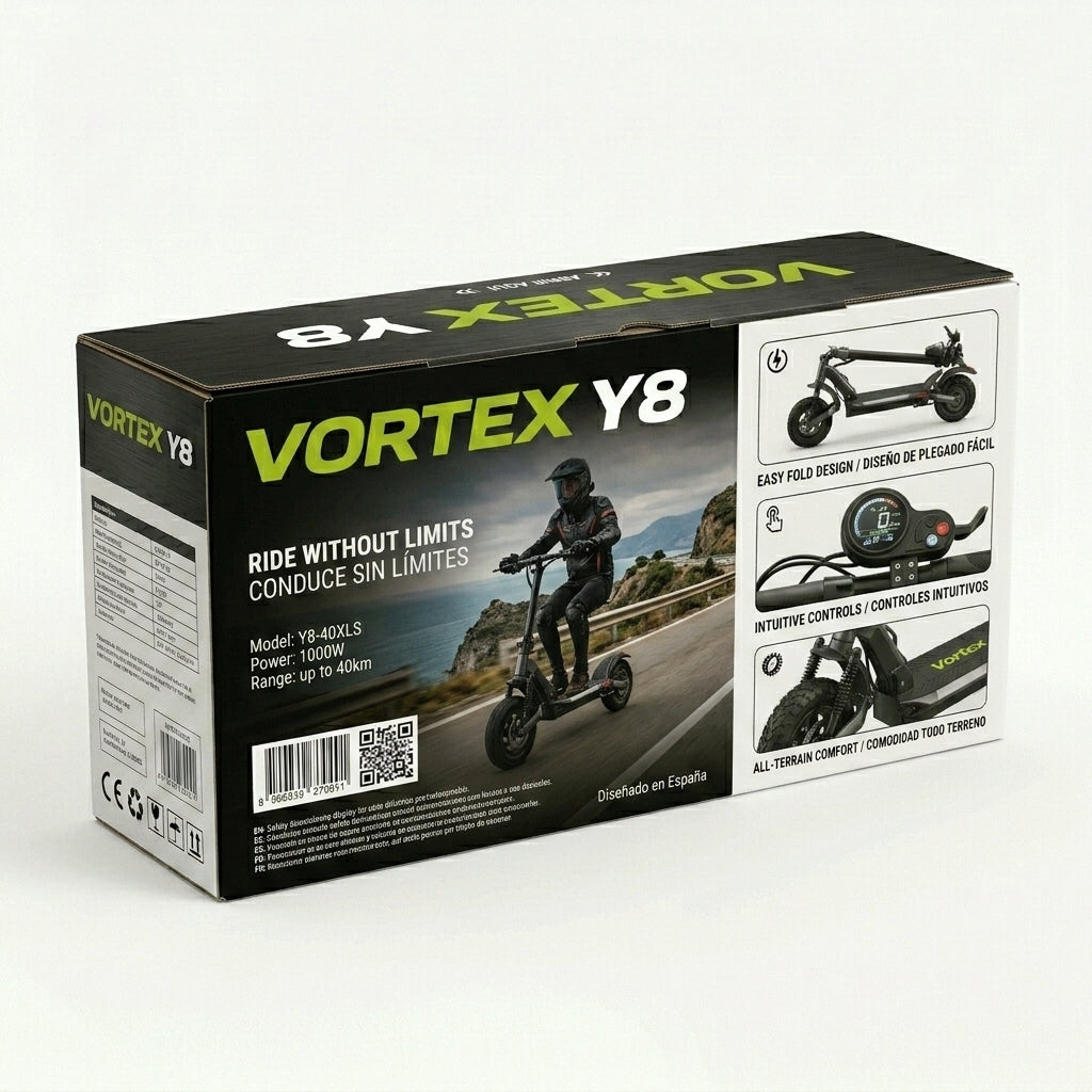 VORTEX Y8 2x2 Connected Patinete eléctrico con APP. Con una potencia combinada de 1000W, doble suspensión, autonomía de hasta 25 km, Cumple con la normativa española de circulación