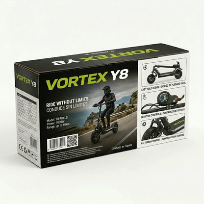 VORTEX Y8 2x2 Connected Patinete eléctrico con APP. Con una potencia combinada de 1000W, doble suspensión, autonomía de hasta 25 km, Cumple con la normativa española de circulación